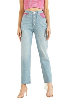 Guess Women's Mom High Rise Exposed Button Straight Leg Jean