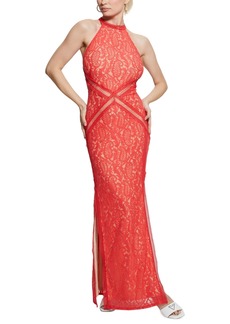 Guess Women's New Liza Lace Halter Sleeveless Gown - VIVACIOUS CORAL