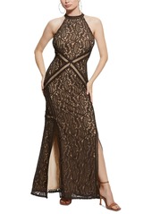 Guess Women's New Liza Lace Halter Sleeveless Gown - PEARL OYSTER