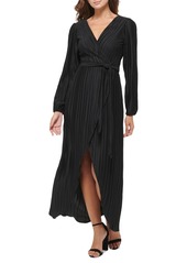 Guess Women's Pleated Woven Faux-Wrap V-Neck Maxi Dress - Black