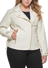 Guess Women's Plus Size Faux-Leather Asymmetric Moto Coat - Ivory
