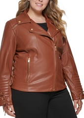 Guess Women's Plus Size Faux-Leather Asymmetric Moto Coat - Cognac