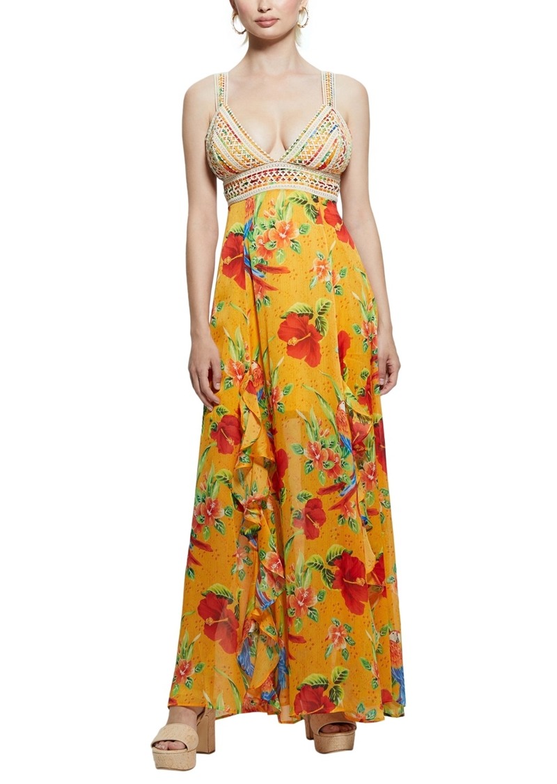 Guess Women's Serena Crochet-Trim Maxi Dress - PARROT PARADISE PRINT