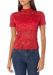 GUESS Women's Shayna Short Sleeve Lace Mock Neck Top WEAR ME RED Extra Small