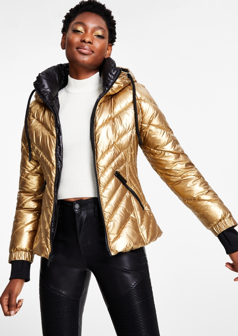 Guess Women's Metallic Quilted Hooded Puffer Coat, Created for Macy's - Gold