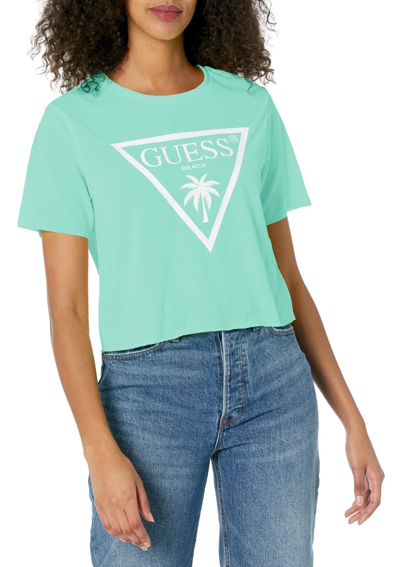 GUESS Women's Short Sleeve Crew Neck Logo Crop Tee