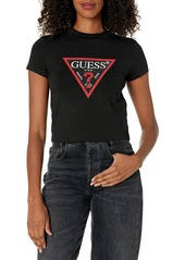 GUESS Women's Short Sleeve Mock Neck Triangle Strass Tee Shirt