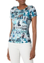 GUESS Women's Short Sleeve Tee Magazine Print Teal Extra Small