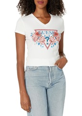 GUESS Women's Short Sleeve V Neck Roses Triangle Tee Shirt
