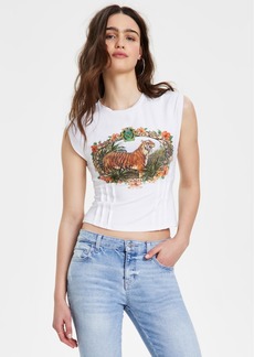 Guess Women's Sleeveless Tiger-Graphic Corset T-Shirt - PURE WHITE