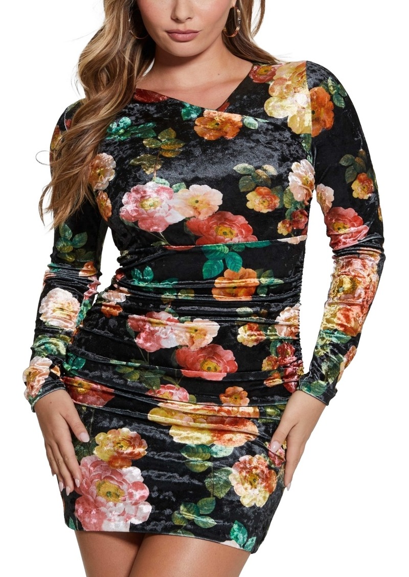 Guess Women's Tess Velvet Floral-Print Bodycon Dress - Peony Charm Print Black