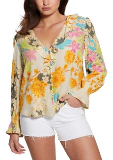 Guess Women's Toni Ruffled V-Neck Long-Sleeve Top - Gold Coast Floral Print