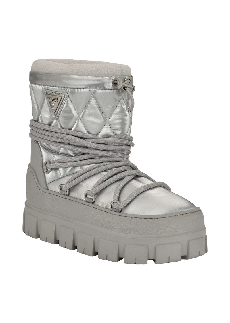 Guess Women's Unique Round Toe Lug Sole Cold Weather Puffy Winter Booties - Silver