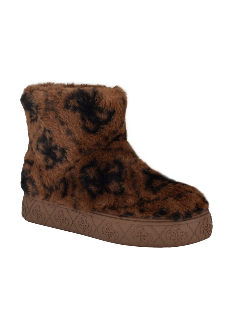 Guess Women's United Faux Fur Slip-On Short Booties - Medium Brown/Black Logo