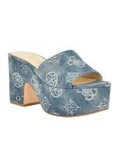 Guess Women's Yapplea Logo Platform Block Heel Sandals - Blue Denim Logo