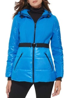 GUESS MIxed Media Belted Hooded Puffer Jacket