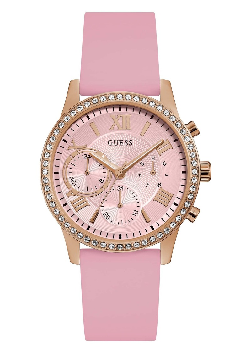 GUESS Rose Gold-Tone and Blush Silicone Multifunction Watch