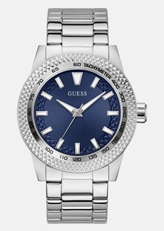 GUESS Silver-Tone and Blue Analog Watch