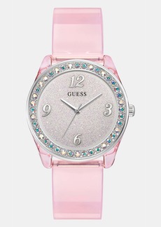 GUESS Silver-Tone Crystal and Pink Silicone Analog Watch