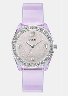GUESS Silver-Tone Crystal and Purple Silicone Analog Watch