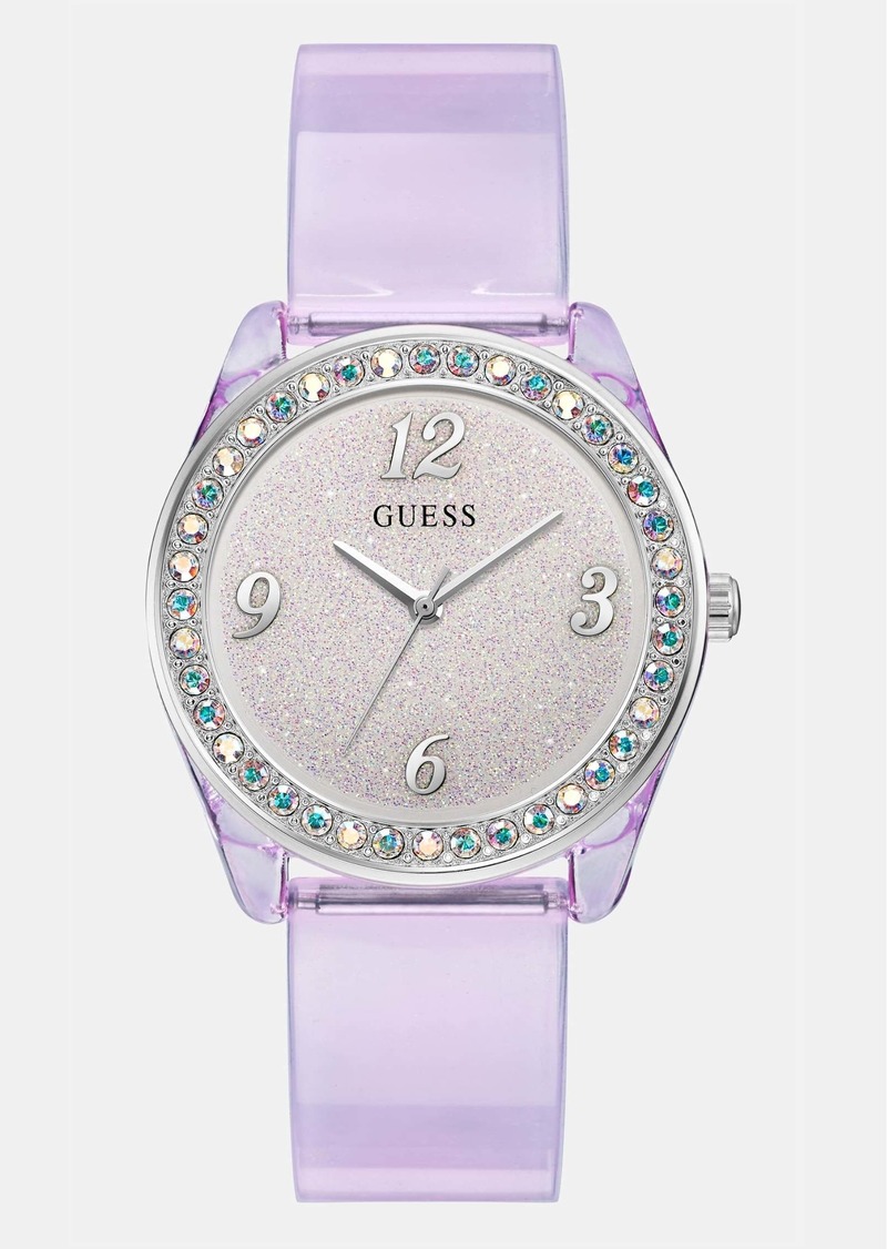 GUESS Silver-Tone Crystal and Purple Silicone Analog Watch