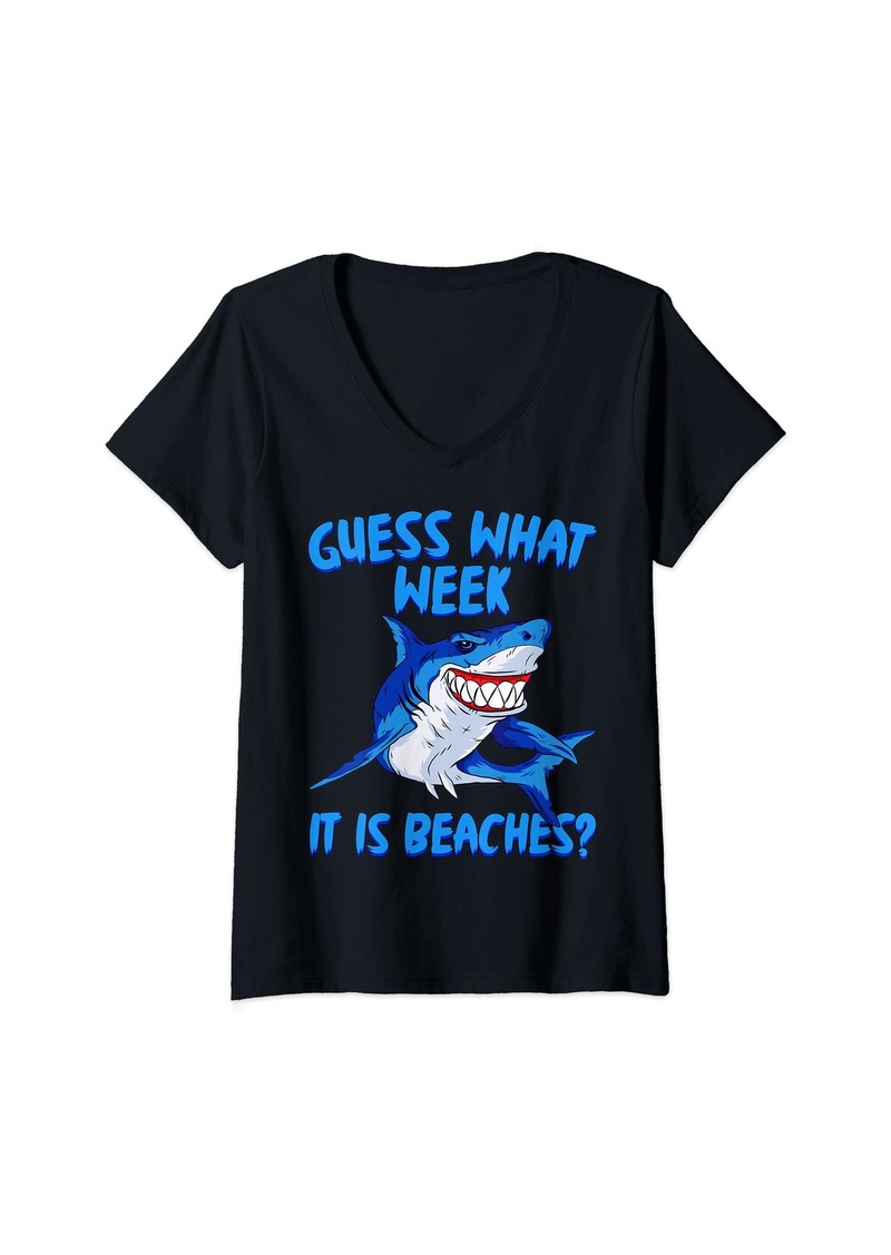 Womens Funny Shark Summer Design Graphic Tee Guess What Week It Is V-Neck T-Shirt