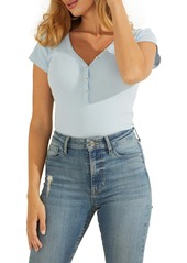 GUESS Essential V-Neck Logo Henley Top in Bleached Blue at Nordstrom