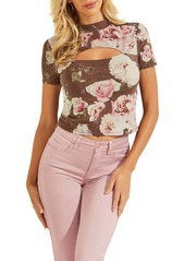 GUESS Gwen Floral Cutout Stretch Cotton Top in Motion Roses Black Combo at Nordstrom