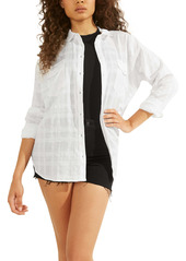 GUESS Malene Tonal Plaid Linen & Cotton Blend Button-Up Shirt in White at Nordstrom