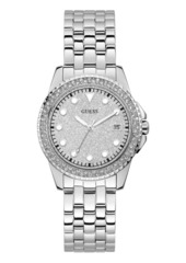 GUESS Women's Silver-Tone Stainless Steel Glitz Watch, 36mm