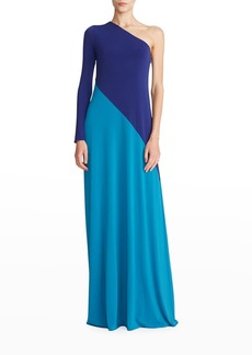 Halston Aja One-Sleeve Jersey Colorblock Gown