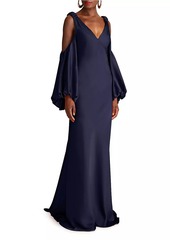 Halston Binnie Satin Balloon-Sleeve Gown