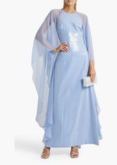 Halston - Adira cape-effect sequined chiffon gown - Blue - US 0