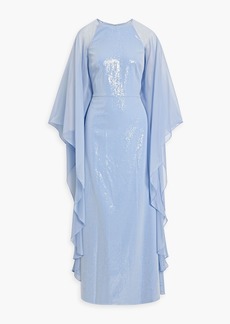 Halston - Adira cape-effect sequined chiffon gown - Blue - US 0