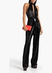 Halston - Ash belted cutout sequined tulle jumpsuit - Black - US 12