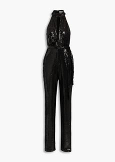 Halston - Ash belted cutout sequined tulle jumpsuit - Black - US 10