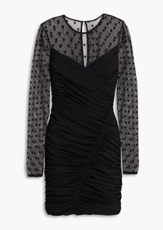 Halston - Hilary tulle-paneled ruched polka-dot stretch-jersey mini dress - Black - US 0