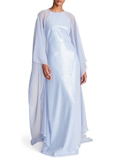 Halston Adira Cape Sleeve Shimmer Gown