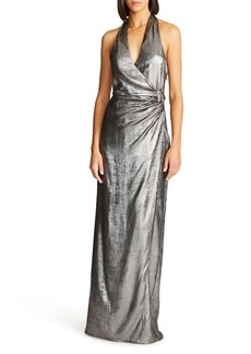 HALSTON Gwyneth Metallic Chiffon Gown