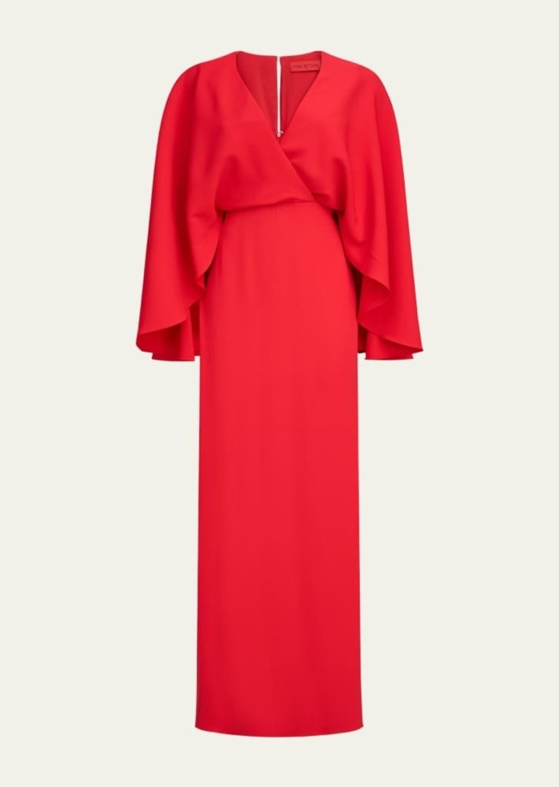 Halston Olaya Side-Slit Crepe Cape Gown