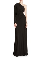 HALSTON One-Shoulder Long Sleeve Jersey Gown in Black at Nordstrom