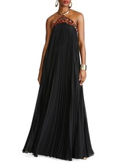 HALSTON Pythia Pleated Chiffon Halter Neck Gown