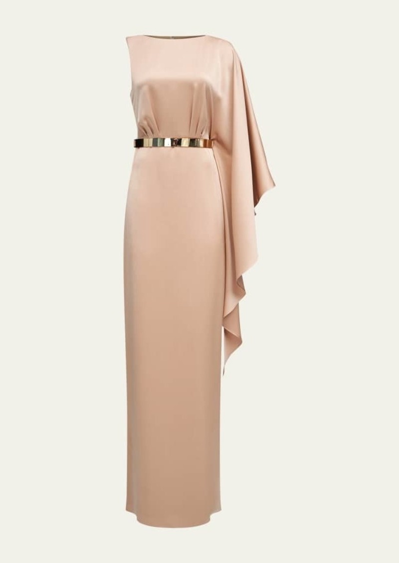 Halston Rhiannon One-Shoulder Satin Column Gown