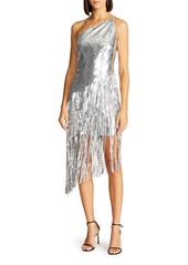 HALSTON Tonya Sequin Fringe One-Shoulder Cocktail Dress
