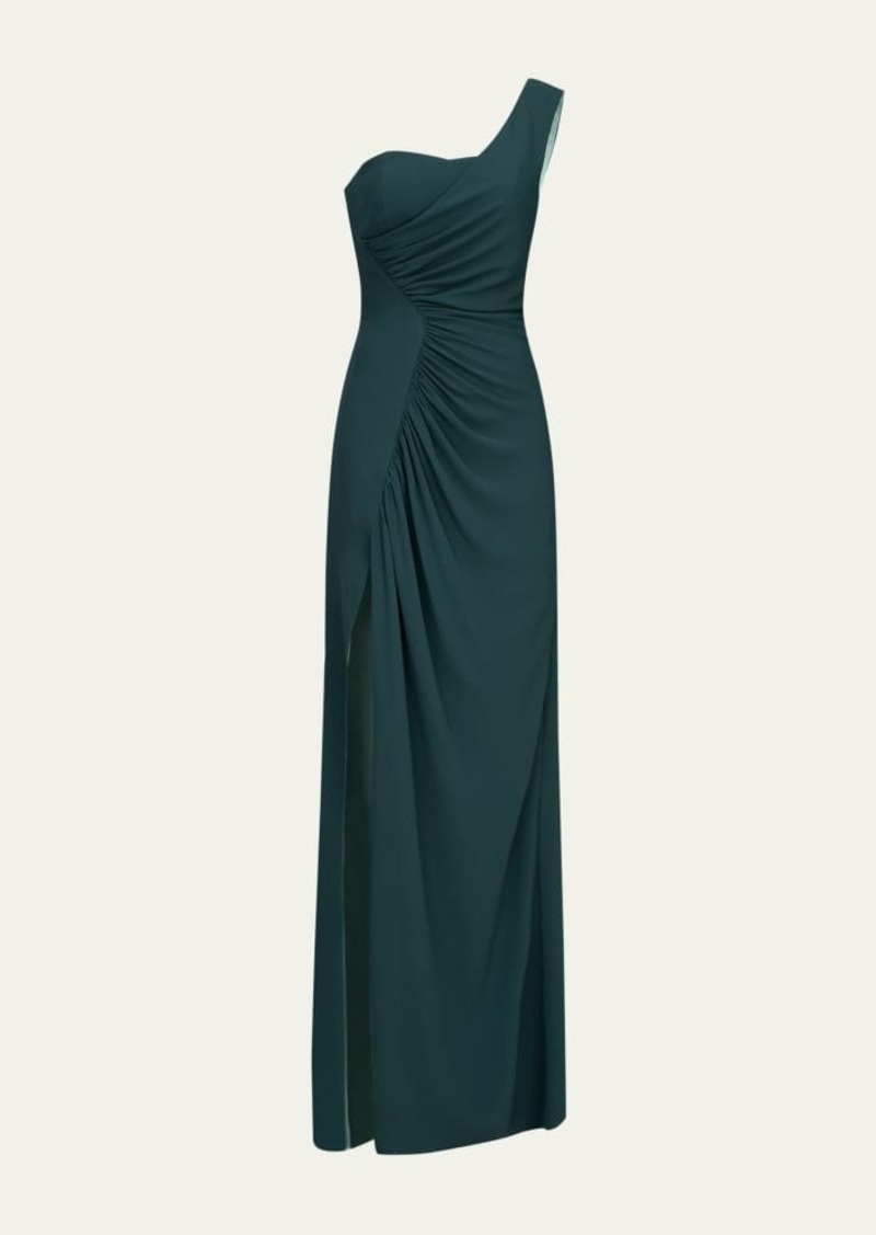 Halston Verdianna Ruched One-Shoulder Crepe Gown