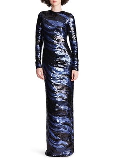 HALSTON Whitney Sequin Long Sleeve Column Gown in Twilight Color Block at Nordstrom