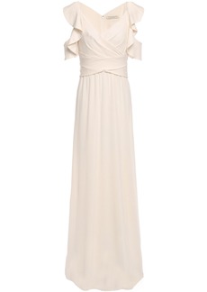 Halston Heritage Woman Cold-shoulder Wrap-effect Ruffle-trimmed Crepe-jersey Gown Ivory