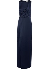 Halston Woman Wrap-effect Draped Hammered-satin Gown Navy
