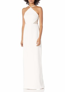 HALSTON Women's Cross Neck Sleeveless Fitted Gown with Back Strip Applique Detail
