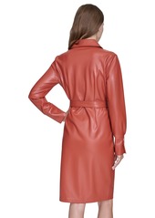 Halston Women's Faux-Leather Tie-Waist Shirtdress - Rust